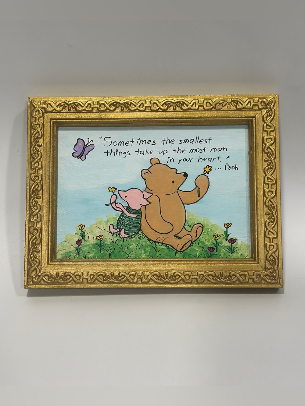 Winnie the Pooh and Piglet Acrylic Painting, With Quote, Gold Frame, Nursery Art